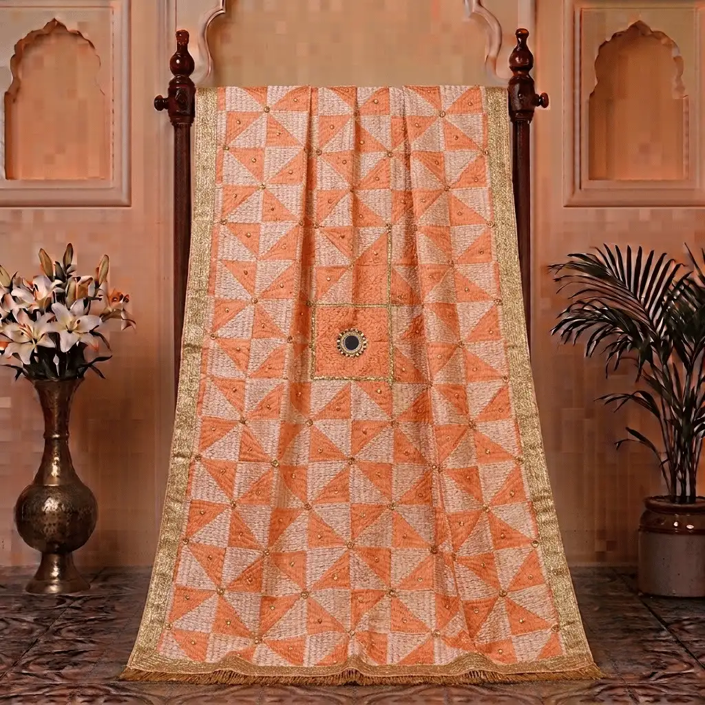 Peach Geometric Heavy Work Punjabi Wedding Phulkari Dupatta