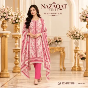 Pink & White Printed Mull Cotton Readymade Straight Suit Set