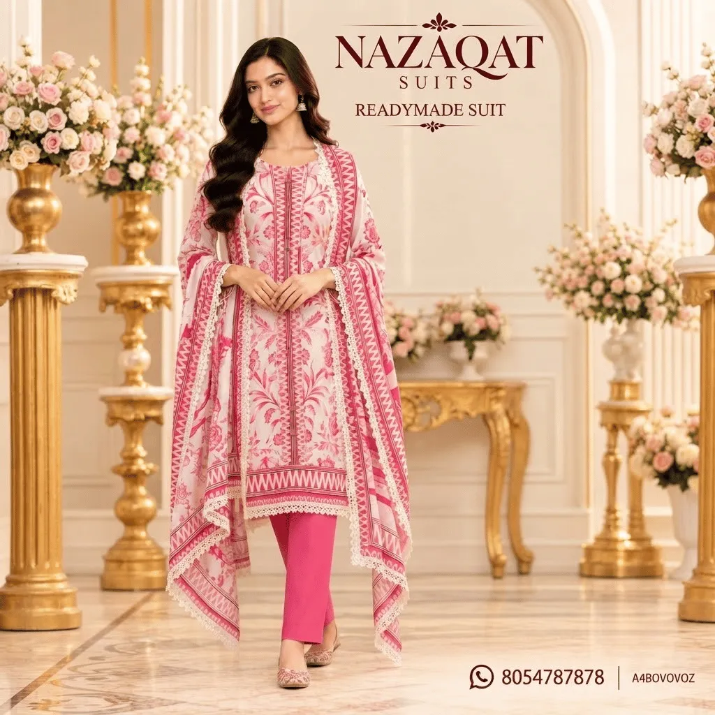 Pink & White Printed Mull Cotton Readymade Straight Suit Set