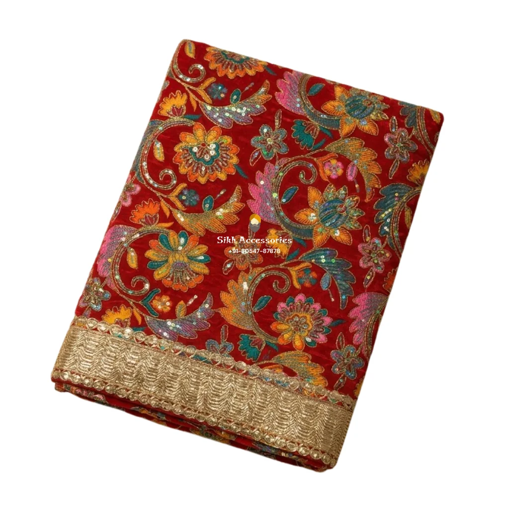 Red Embroidered Silk Rumala Sahib - Double Set