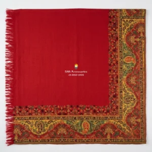 Red Pashmina Shawl with Gold & Green Woven Paisley Border