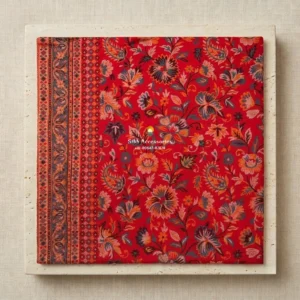 Red Pashmina Shawl with Orange & Blue Woven Floral Pattern