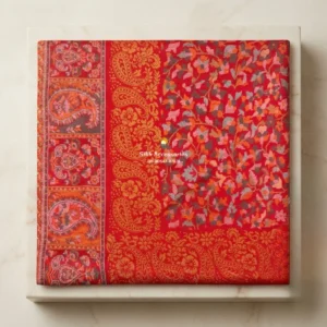 Red Pashmina Shawl with Orange & Gold Woven Floral Pattern