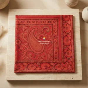 Red Pashmina Shawl with Orange & Gold Woven Paisley Pattern