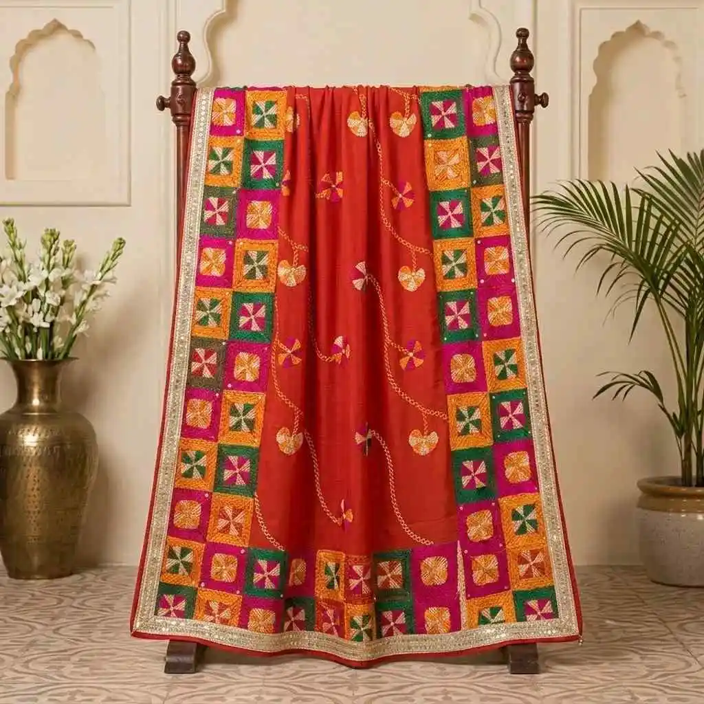 Red Punjabi Traditional Heavy Work Wedding Phulkari