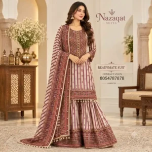 Red & White Crepe Striped Embroidered Readymade Sharara Suit Set