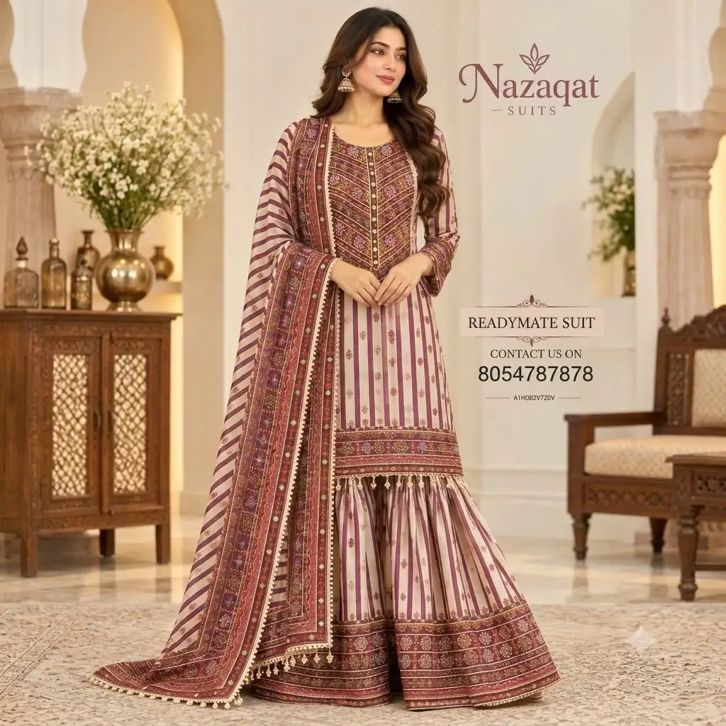 Red & White Crepe Striped Embroidered Readymade Sharara Suit Set