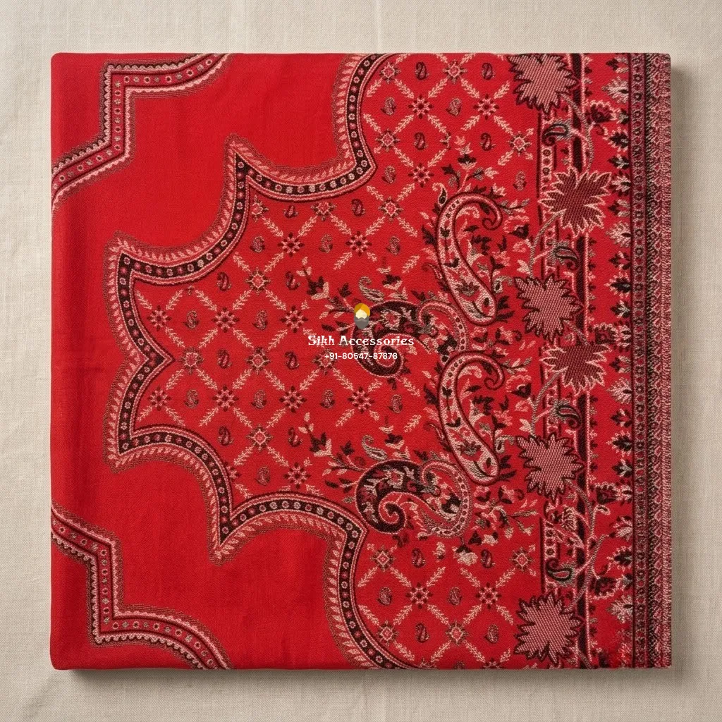 Ruby Red Pashmina Shawl with Beige Woven Medallion Pattern