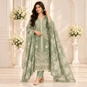 Sage Green Cotton Embroidered Readymade Straight Suit Set