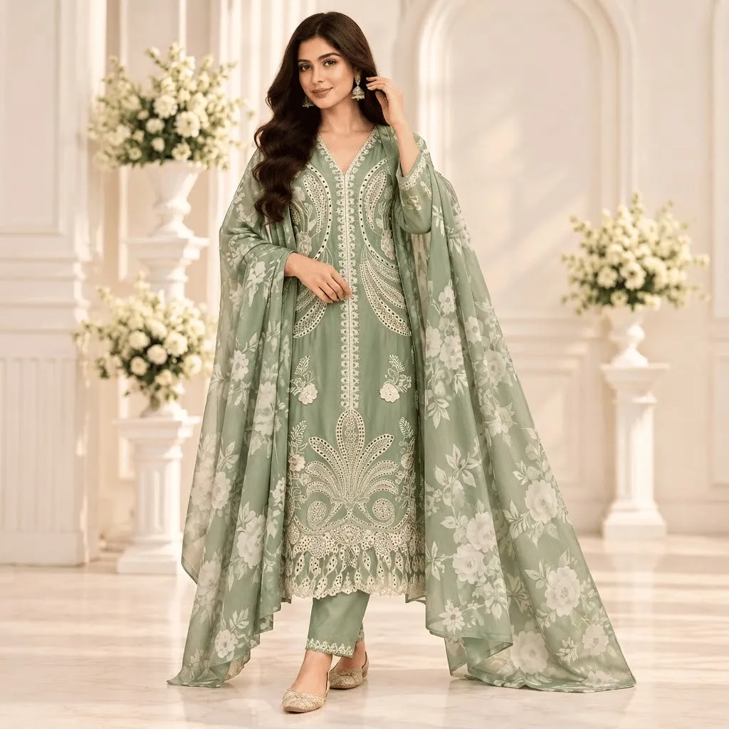 Sage Green Cotton Embroidered Readymade Straight Suit Set