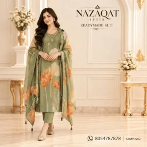 Sage Green & Orange Muslin Printed Readymade Straight Suit Set