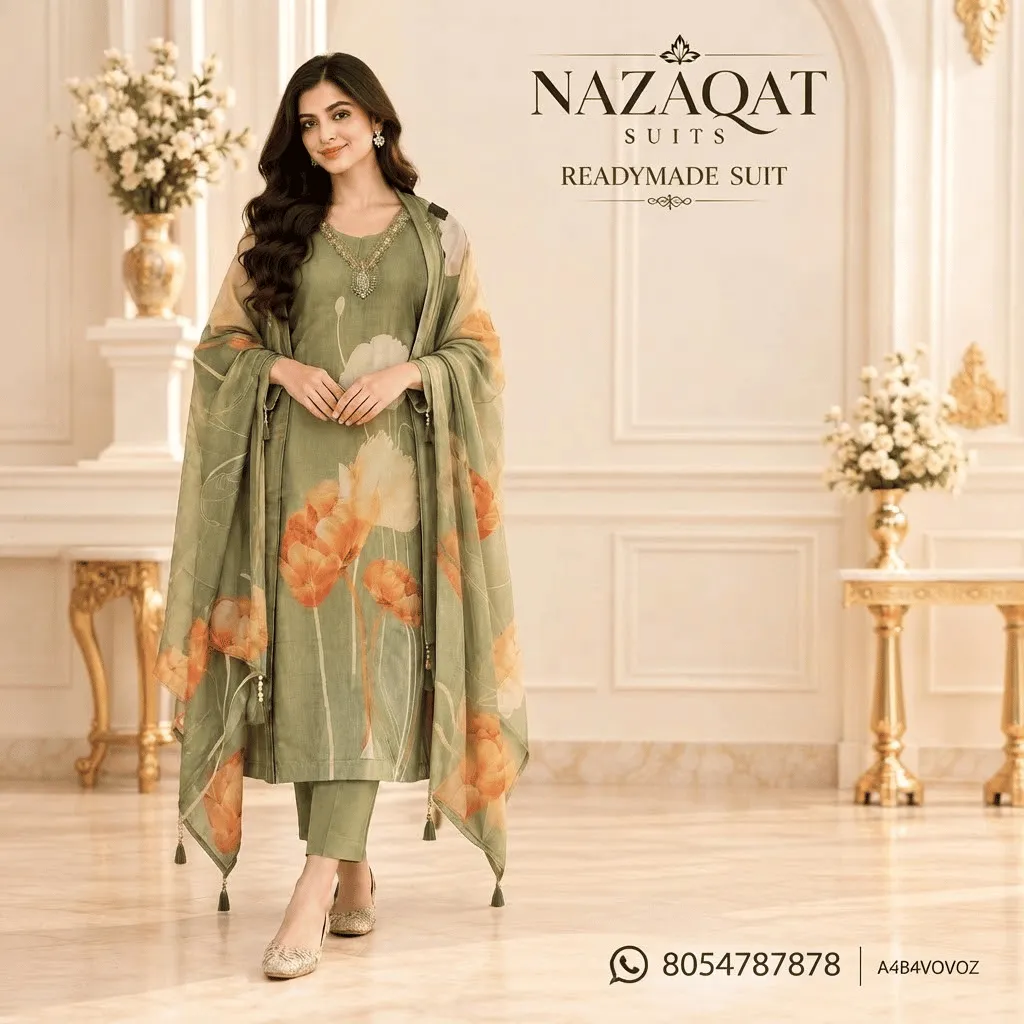 Sage Green & Orange Muslin Printed Readymade Straight Suit Set
