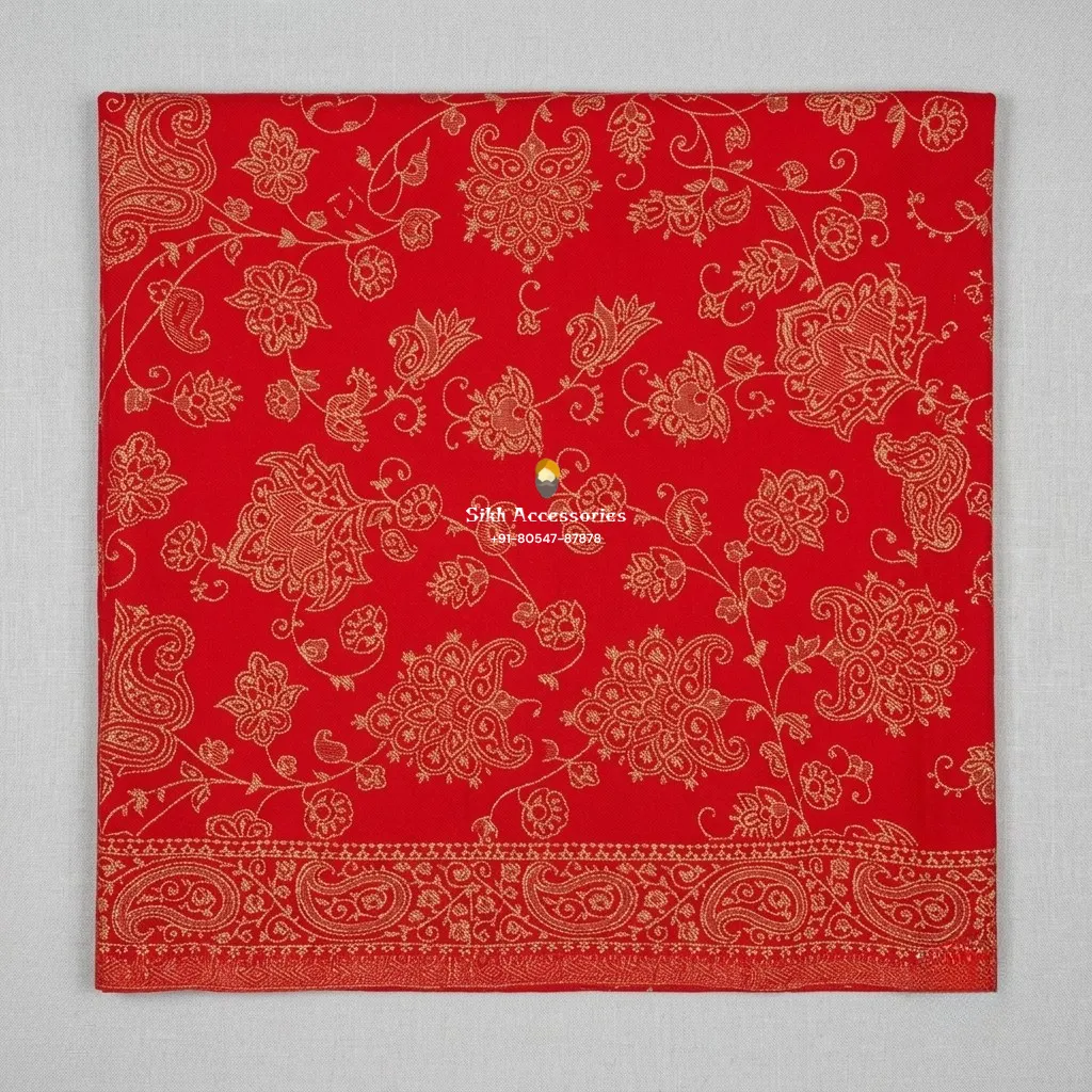 Scarlet Red Pashmina Shawl with Gold Woven Floral Pattern