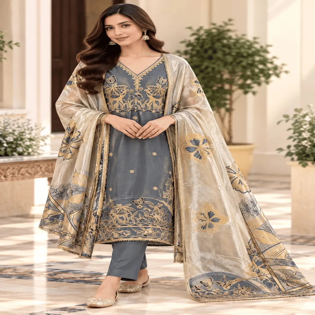 Slate Grey Shimmer Readymade Straight Suit Set