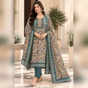 Teal & Beige Muslin Cotton Readymade Straight Suit Set