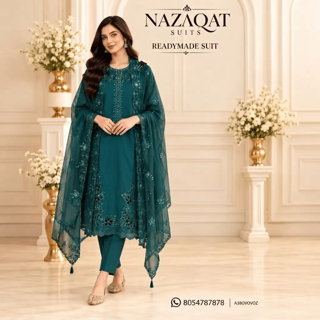 Teal Blue Muslin Embroidered Readymade Straight Suit Set