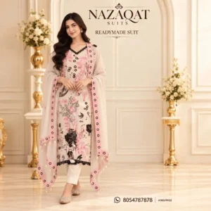White & Pink Mul Cotton Embroidered Readymade Straight Suit Set