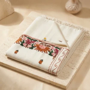 White Unisex Shawl with Multicolor Floral Embroidery