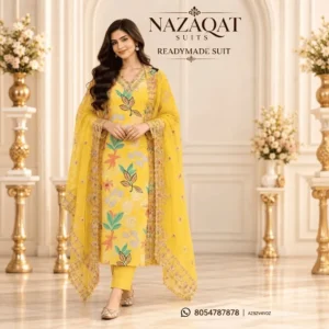 Yellow Mull Cotton Embroidered Readymade Straight Suit Set